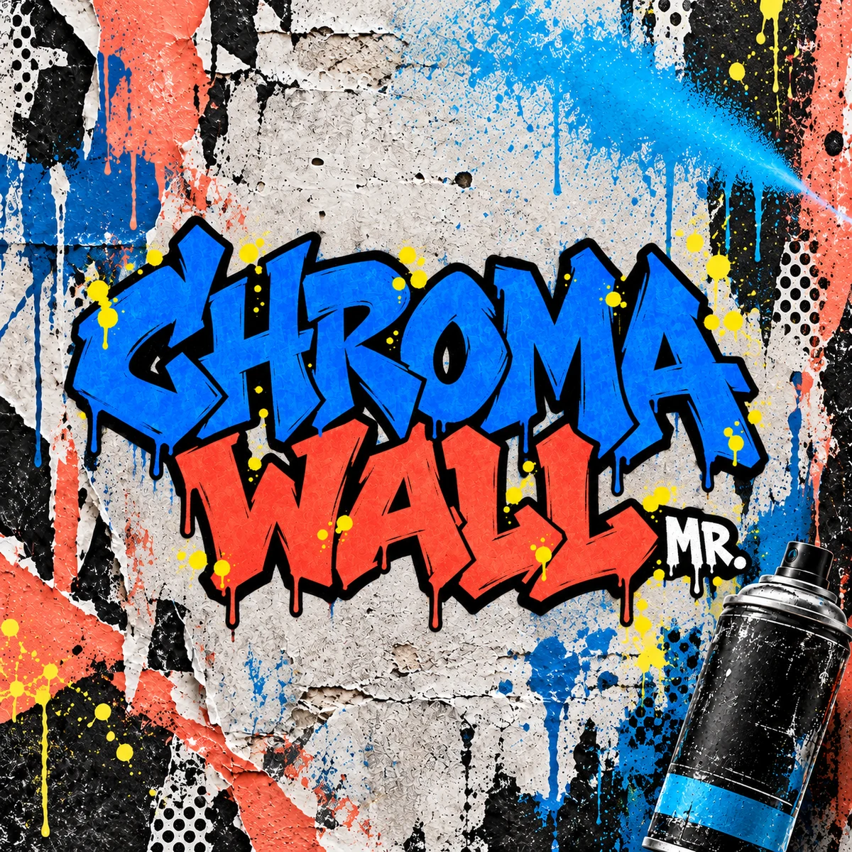 Chroma Wall MR graffiti lettering in blue and coral on a torn-poster wall, beside a spray can